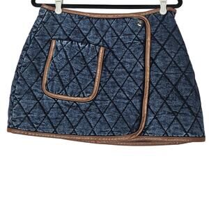 Jonathan Simkhai Standard M Blue Quilted Denim Micro Mini Skirt Leather Trim